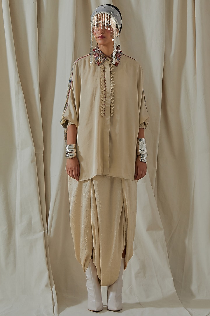 Ecru Tashan Silk Embroidered Draped Co-Ord Set by ASEEM KAPOOR at Pernia's Pop Up Shop