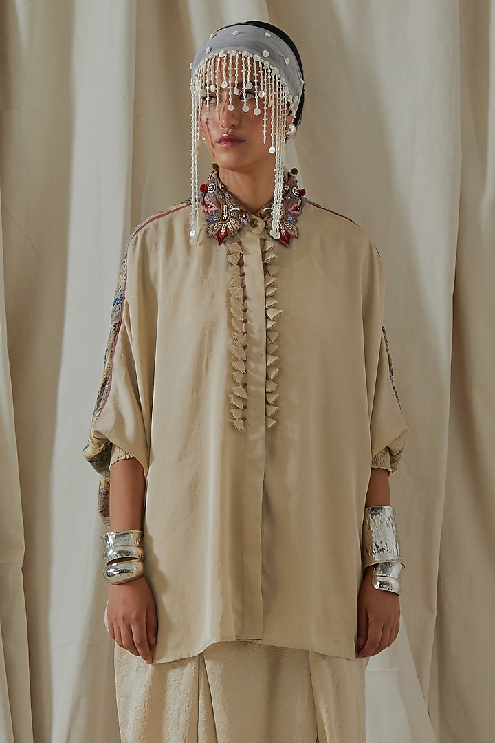Ecru Tashan Silk Embroidered Draped Co-Ord Set by ASEEM KAPOOR at Pernia's Pop Up Shop