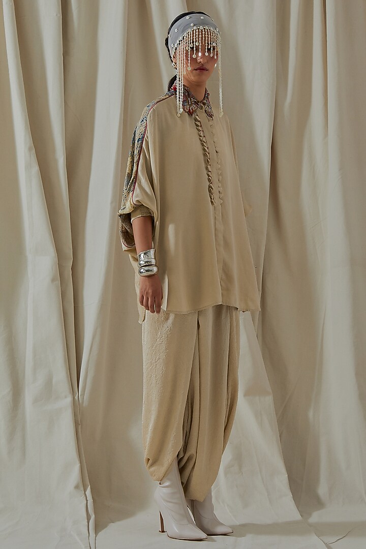 Ecru Tashan Silk Embroidered Draped Co-Ord Set by ASEEM KAPOOR at Pernia's Pop Up Shop