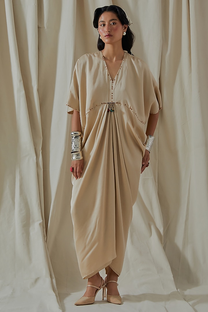Ecru Tashan Silk Tassel Embroidered Draped Vacation Dress by ASEEM KAPOOR at Pernia's Pop Up Shop