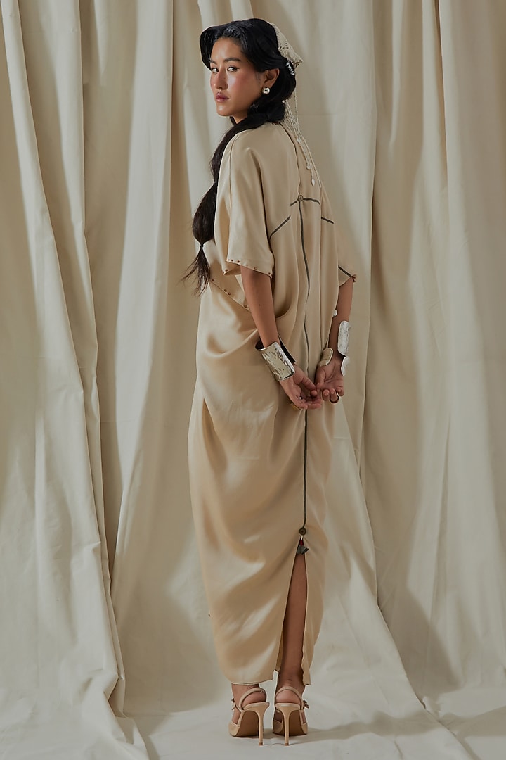 Ecru Tashan Silk Tassel Embroidered Draped Vacation Dress by ASEEM KAPOOR at Pernia's Pop Up Shop