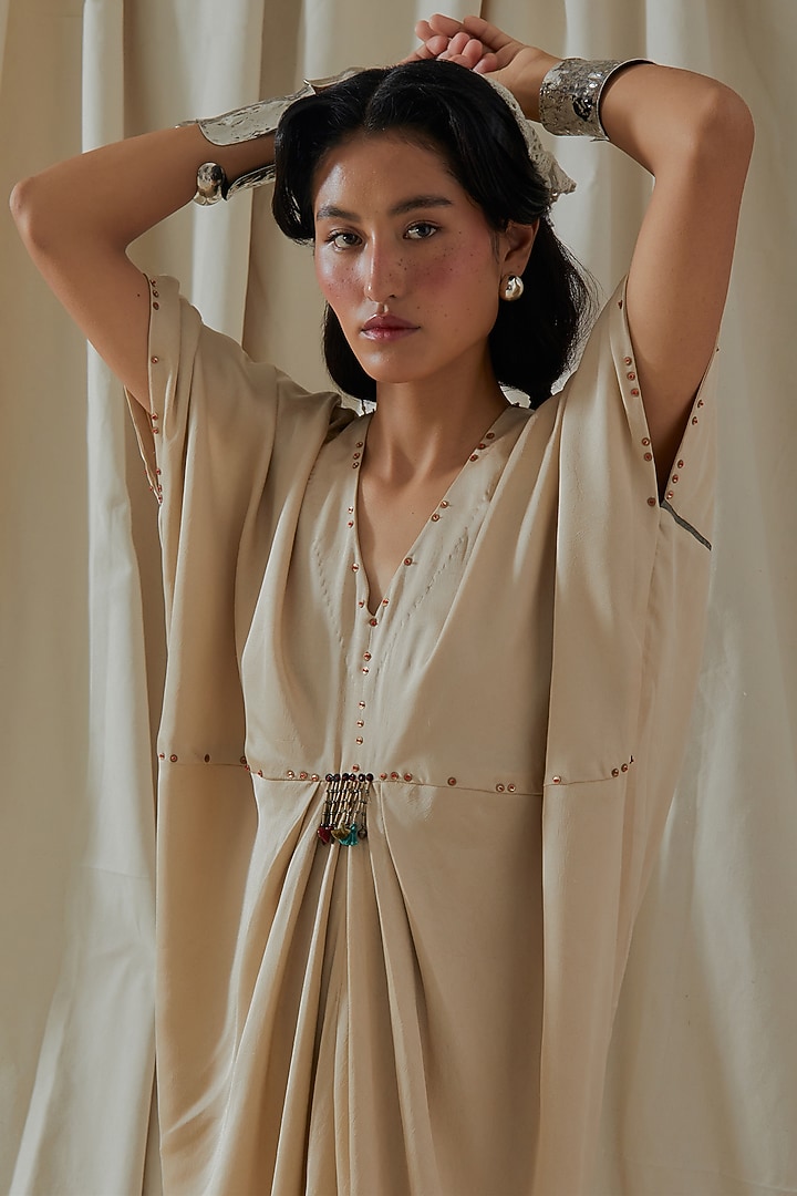 Ecru Tashan Silk Tassel Embroidered Draped Vacation Dress by ASEEM KAPOOR at Pernia's Pop Up Shop