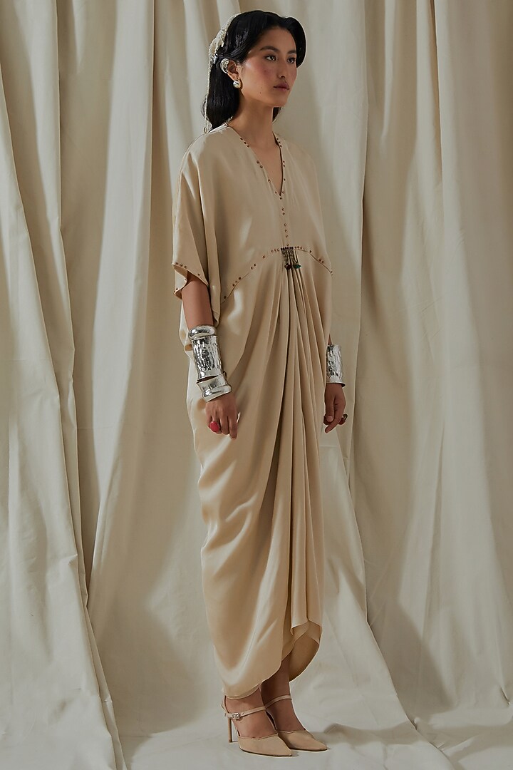 Ecru Tashan Silk Tassel Embroidered Draped Vacation Dress by ASEEM KAPOOR at Pernia's Pop Up Shop