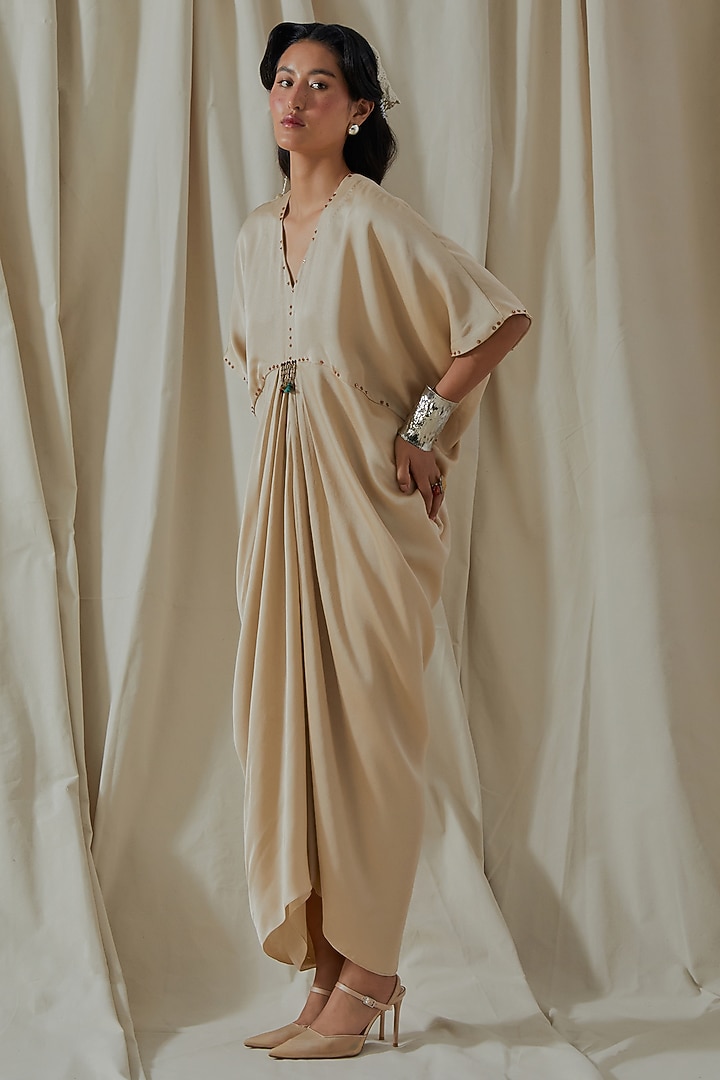 Ecru Tashan Silk Tassel Embroidered Draped Vacation Dress by ASEEM KAPOOR at Pernia's Pop Up Shop