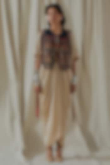 Ecru Tashan Silk Tassel Embroidered Draped Party Wear Dress With Gilet by ASEEM KAPOOR at Pernia's Pop Up Shop