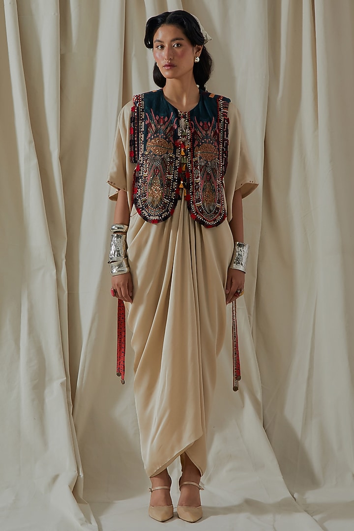 Ecru Tashan Silk Tassel Embroidered Draped Party Wear Dress With Gilet by ASEEM KAPOOR at Pernia's Pop Up Shop