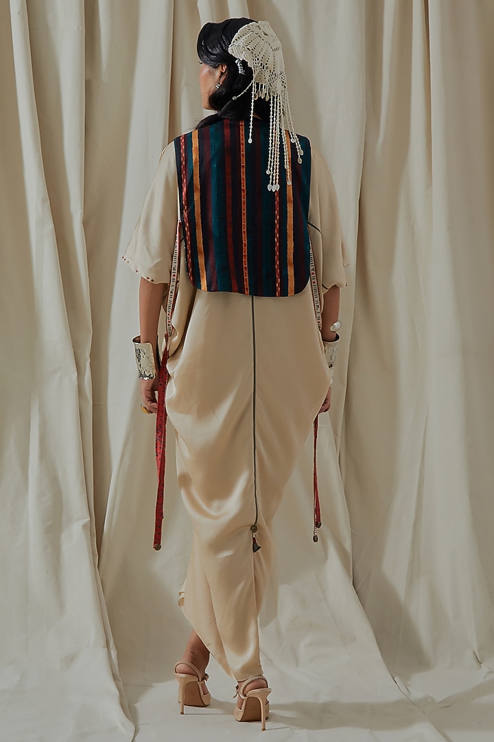 Ecru Tashan Silk Tassel Embroidered Draped Party Wear Dress With Gilet by ASEEM KAPOOR at Pernia's Pop Up Shop