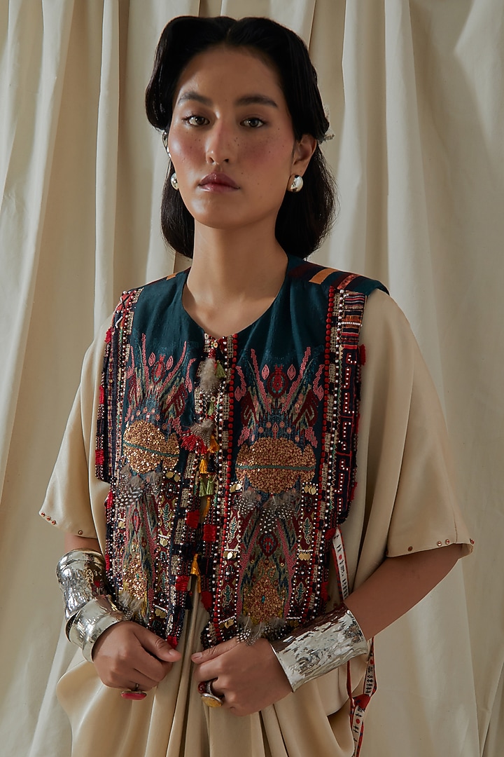 Ecru Tashan Silk Tassel Embroidered Draped Party Wear Dress With Gilet by ASEEM KAPOOR at Pernia's Pop Up Shop