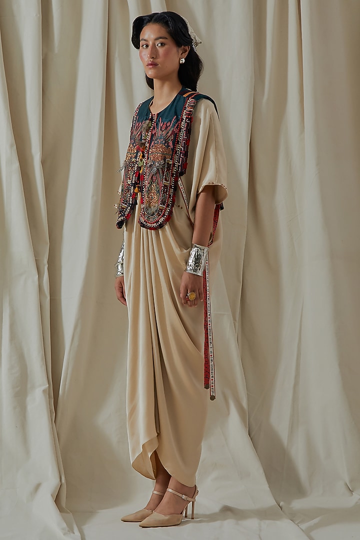 Ecru Tashan Silk Tassel Embroidered Draped Party Wear Dress With Gilet by ASEEM KAPOOR at Pernia's Pop Up Shop