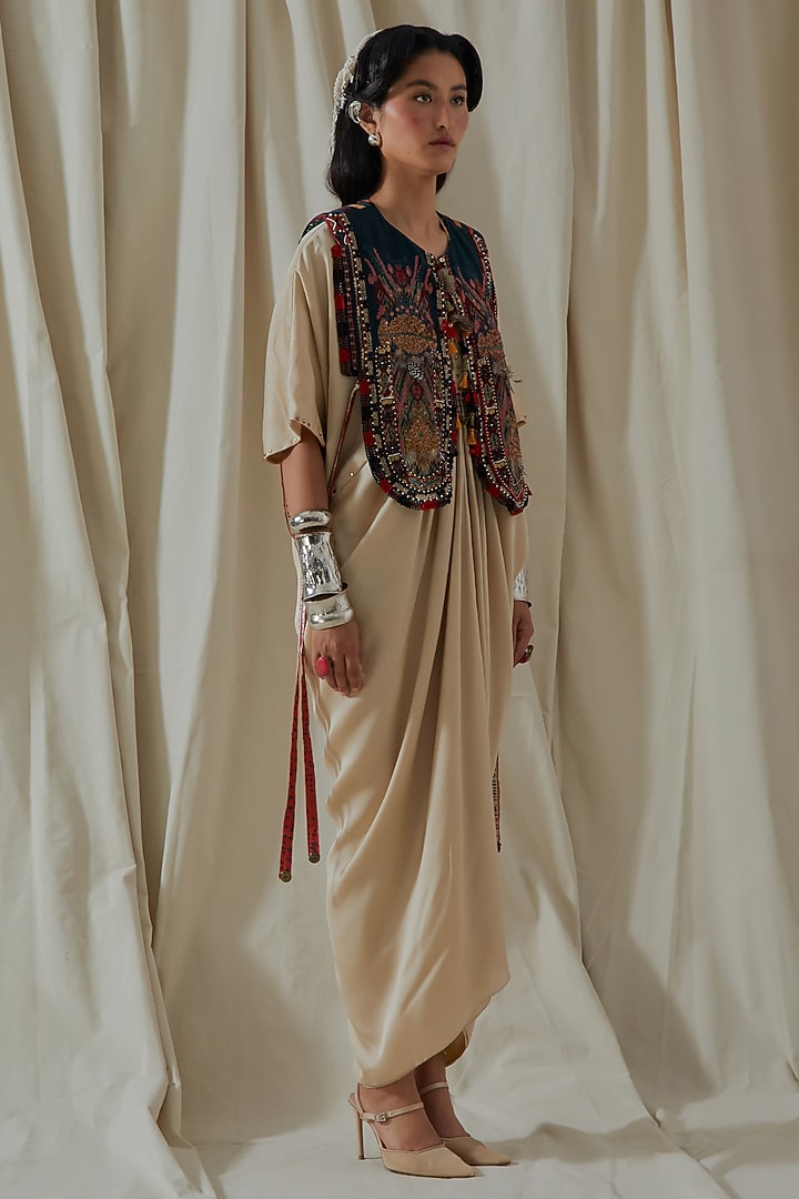 Ecru Tashan Silk Tassel Embroidered Draped Party Wear Dress With Gilet by ASEEM KAPOOR at Pernia's Pop Up Shop
