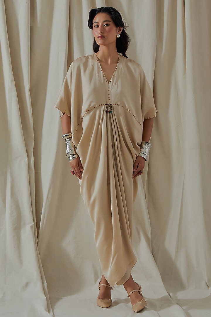 Ecru Tashan Silk Tassel Embroidered Draped Party Wear Dress With Gilet by ASEEM KAPOOR at Pernia's Pop Up Shop