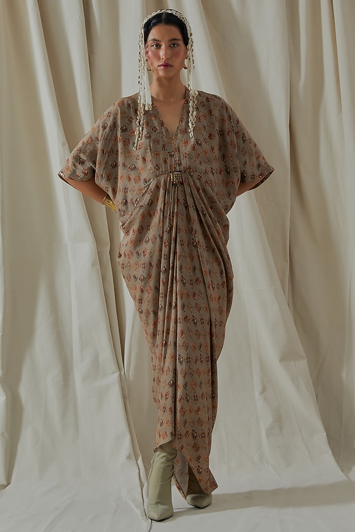 Ecru Italian Crepe Tassel Printed & Embroidered Draped Vacation Dress by ASEEM KAPOOR at Pernia's Pop Up Shop