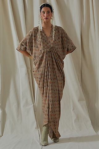 Ecru Italian Crepe Tassel Printed & Embroidered Draped Dress by ASEEM KAPOOR