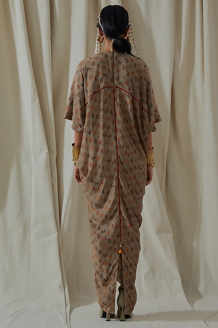 Ecru Italian Crepe Tassel Printed & Embroidered Draped Vacation Dress by ASEEM KAPOOR at Pernia's Pop Up Shop