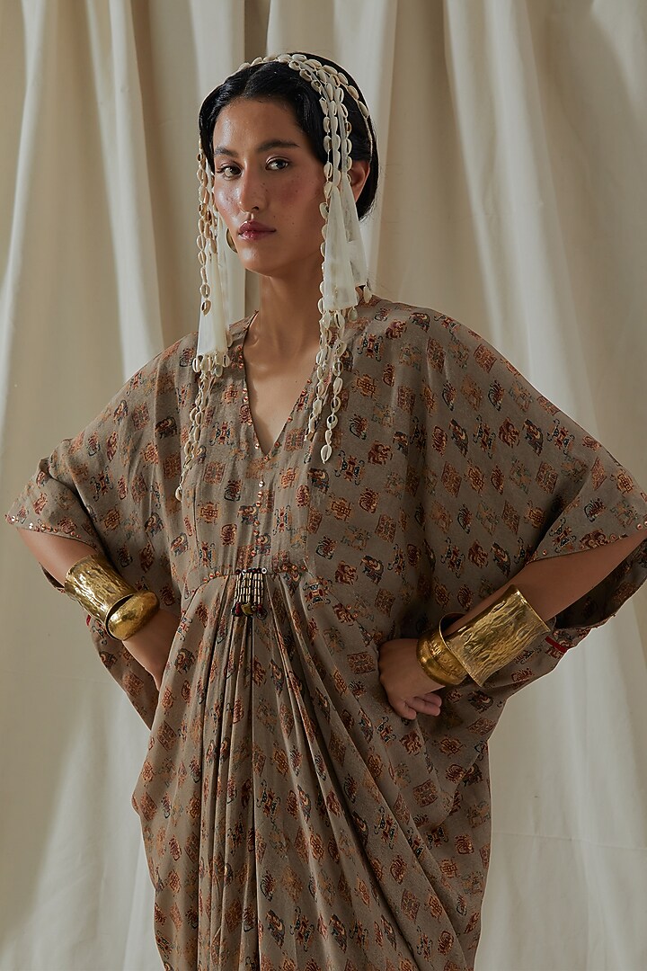 Ecru Italian Crepe Tassel Printed & Embroidered Draped Vacation Dress by ASEEM KAPOOR at Pernia's Pop Up Shop