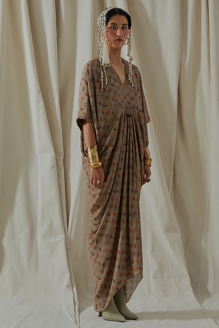 Ecru Italian Crepe Tassel Printed & Embroidered Draped Vacation Dress by ASEEM KAPOOR at Pernia's Pop Up Shop