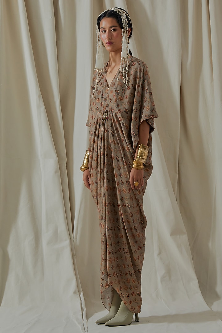 Ecru Italian Crepe Tassel Printed & Embroidered Draped Vacation Dress by ASEEM KAPOOR at Pernia's Pop Up Shop