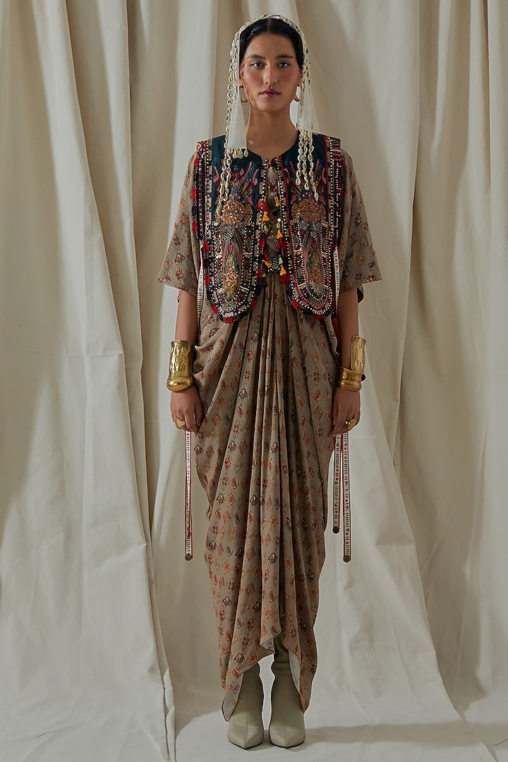 Ecru Tashan Silk Tassel Embroidered Draped Party Wear Dress With Gilet by ASEEM KAPOOR at Pernia's Pop Up Shop