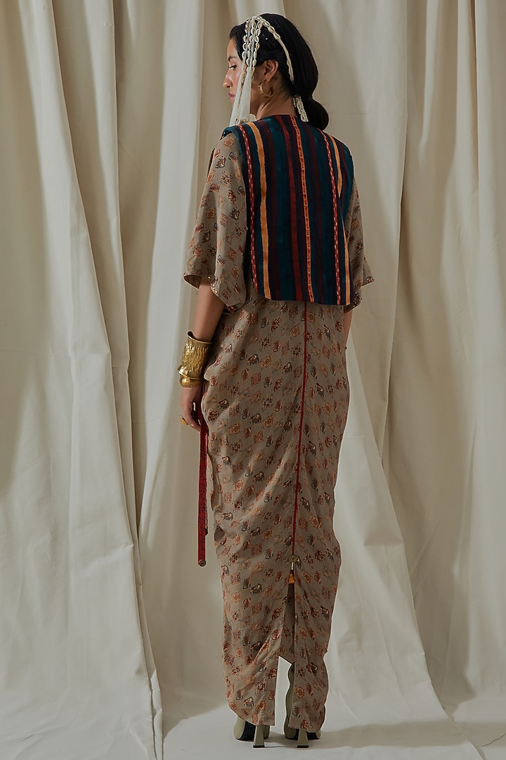 Ecru Tashan Silk Tassel Embroidered Draped Party Wear Dress With Gilet by ASEEM KAPOOR at Pernia's Pop Up Shop