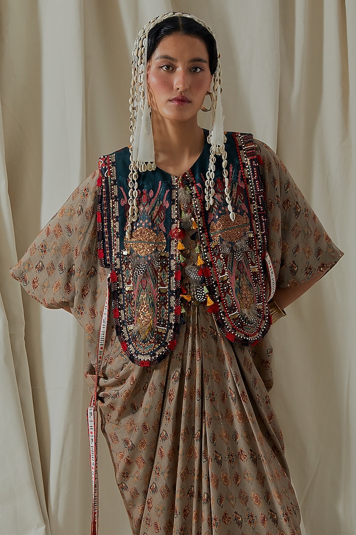 Ecru Tashan Silk Tassel Embroidered Draped Party Wear Dress With Gilet by ASEEM KAPOOR at Pernia's Pop Up Shop