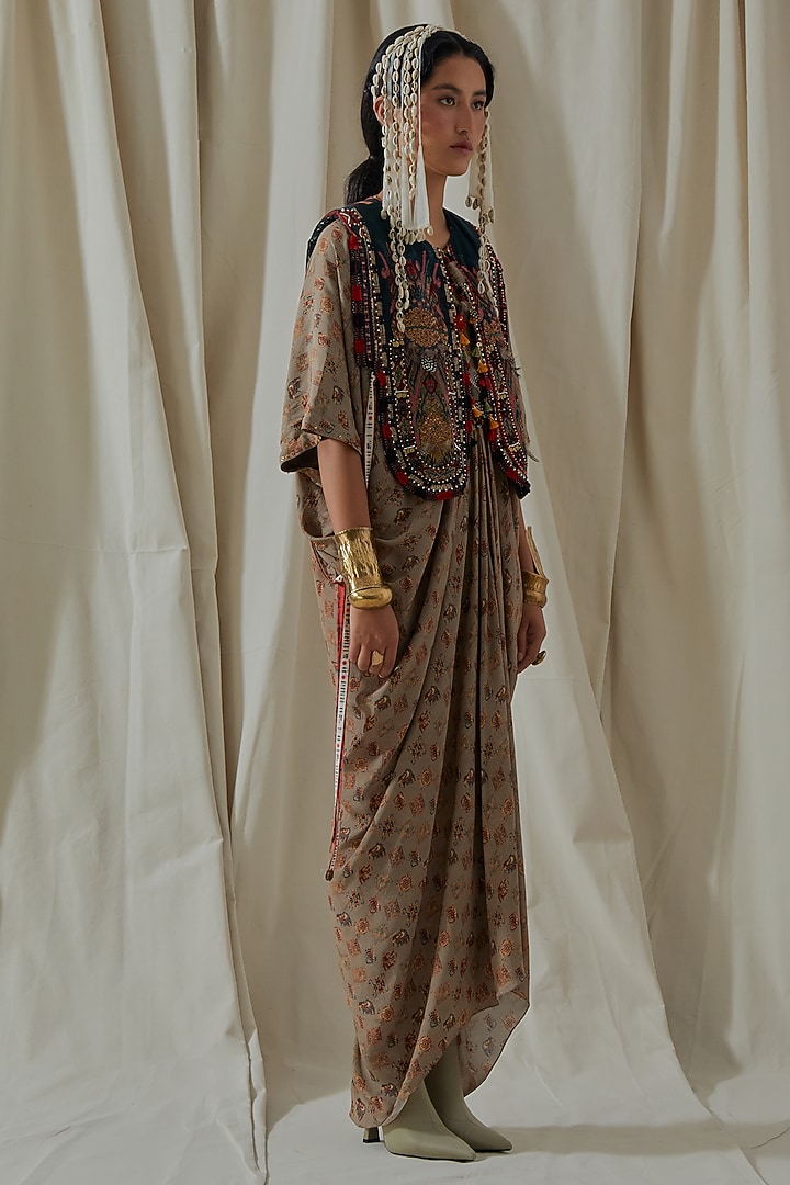 Ecru Tashan Silk Tassel Embroidered Draped Party Wear Dress With Gilet by ASEEM KAPOOR at Pernia's Pop Up Shop