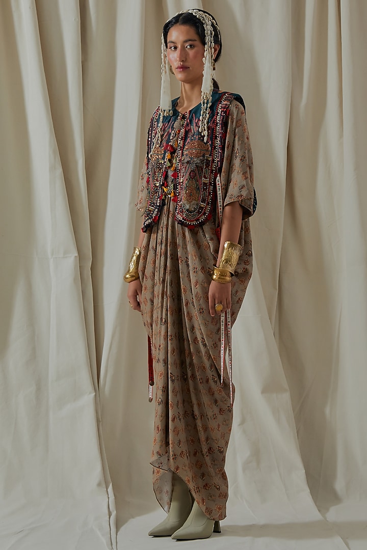 Ecru Tashan Silk Tassel Embroidered Draped Party Wear Dress With Gilet by ASEEM KAPOOR at Pernia's Pop Up Shop