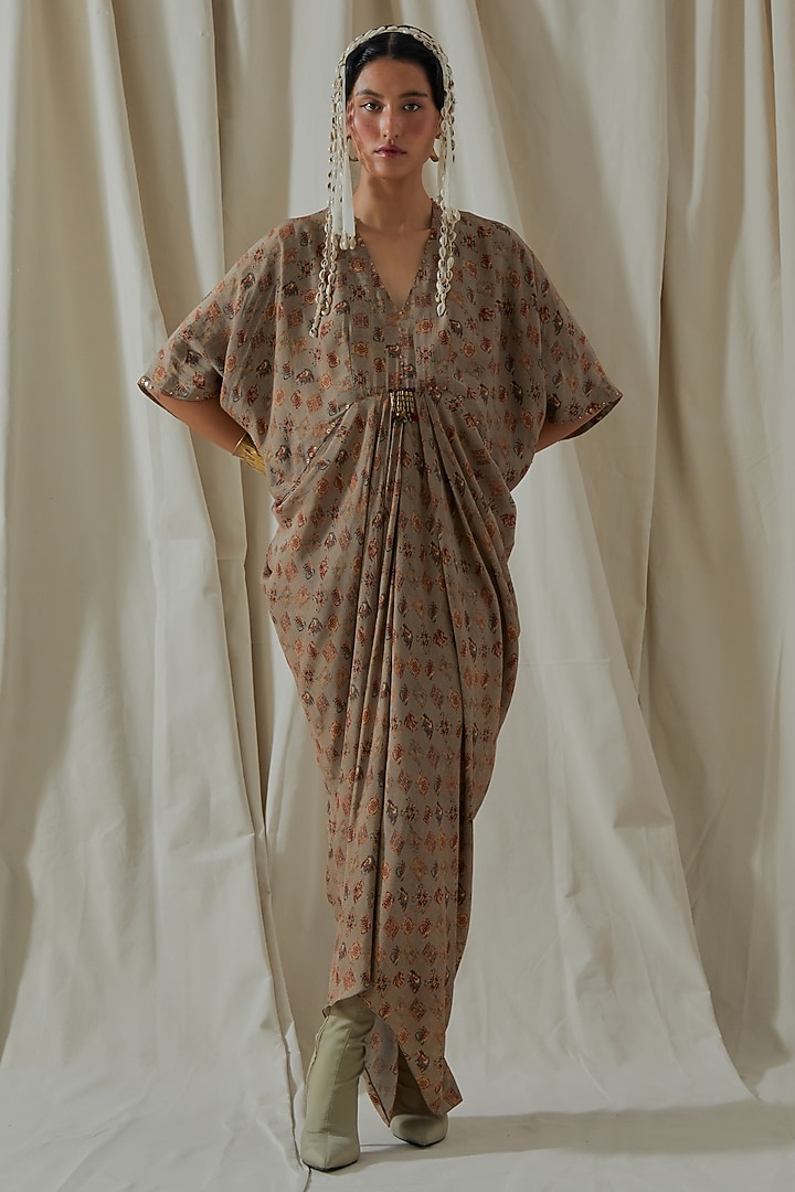 Ecru Tashan Silk Tassel Embroidered Draped Party Wear Dress With Gilet by ASEEM KAPOOR at Pernia's Pop Up Shop