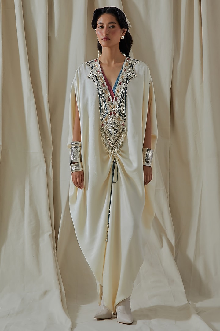 Mogra White Tashan Silk Thread Embroidered Kaftan Jumpsuit by ASEEM KAPOOR at Pernia's Pop Up Shop