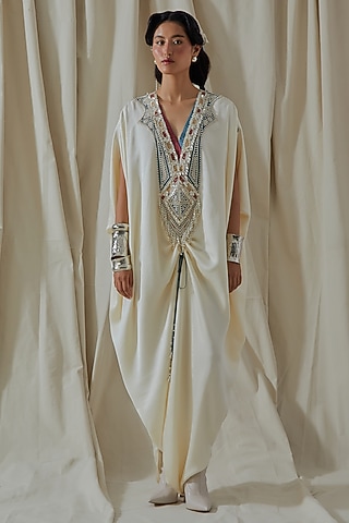Mogra White Tashan Silk Thread Embroidered Kaftan Jumpsuit by ASEEM KAPOOR