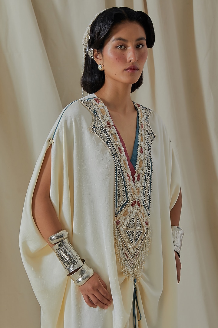 Mogra White Tashan Silk Thread Embroidered Kaftan Jumpsuit by ASEEM KAPOOR at Pernia's Pop Up Shop