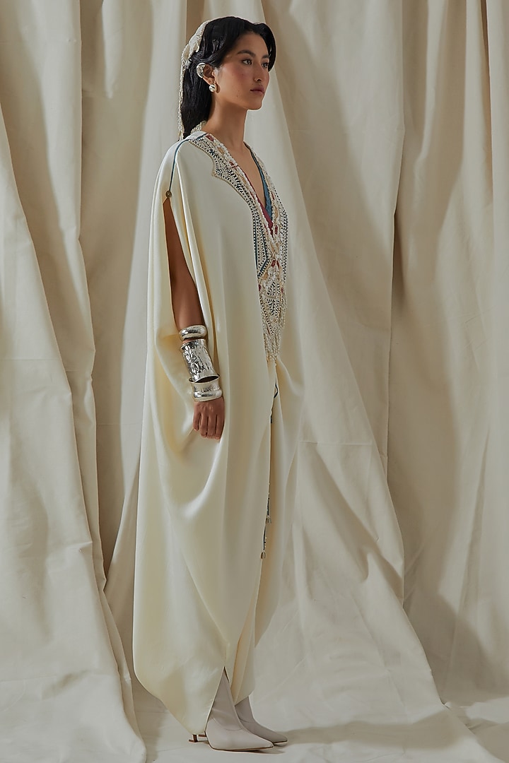 Mogra White Tashan Silk Thread Embroidered Kaftan Jumpsuit by ASEEM KAPOOR at Pernia's Pop Up Shop