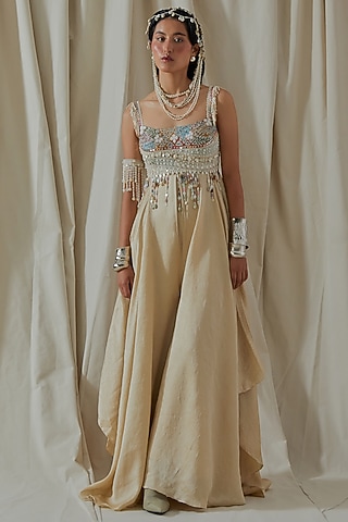 Ecru Tashan Silk Resham Thread Embroidered Flared Jumpsuit by ASEEM KAPOOR