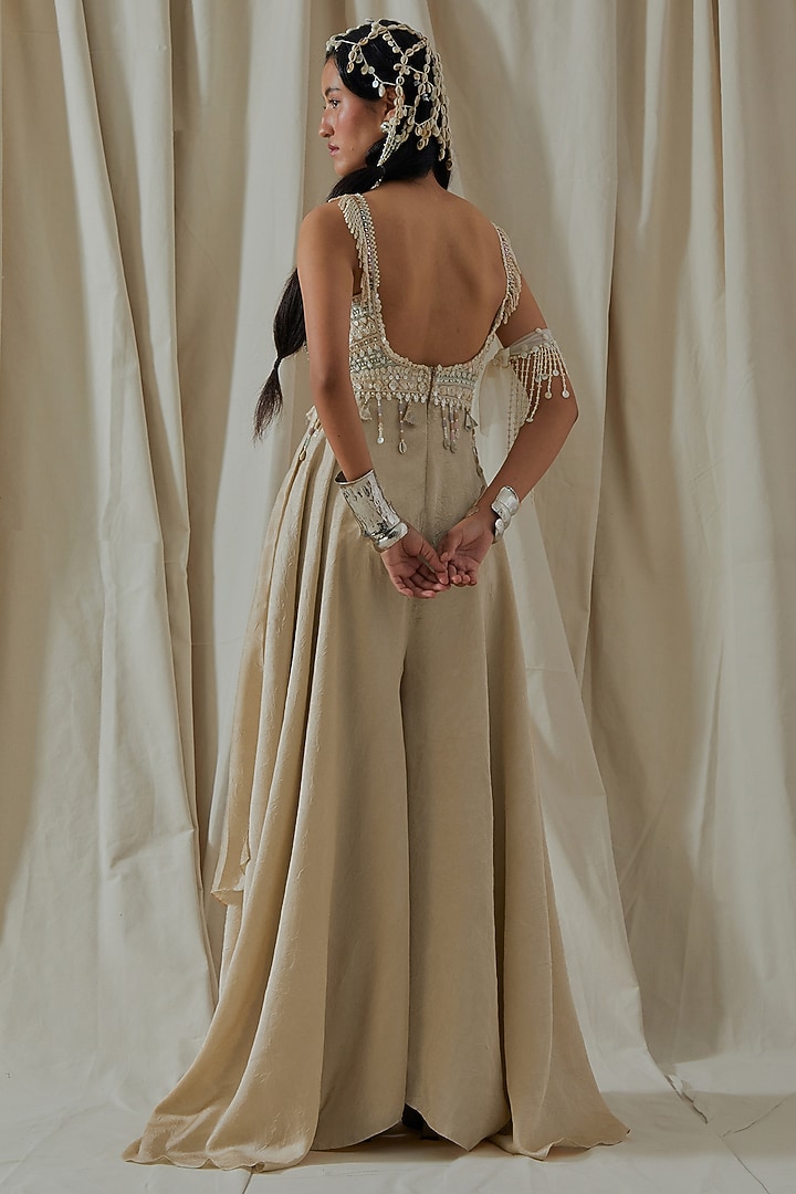 Ecru Tashan Silk Resham Thread Embroidered Flared Jumpsuit by ASEEM KAPOOR at Pernia's Pop Up Shop