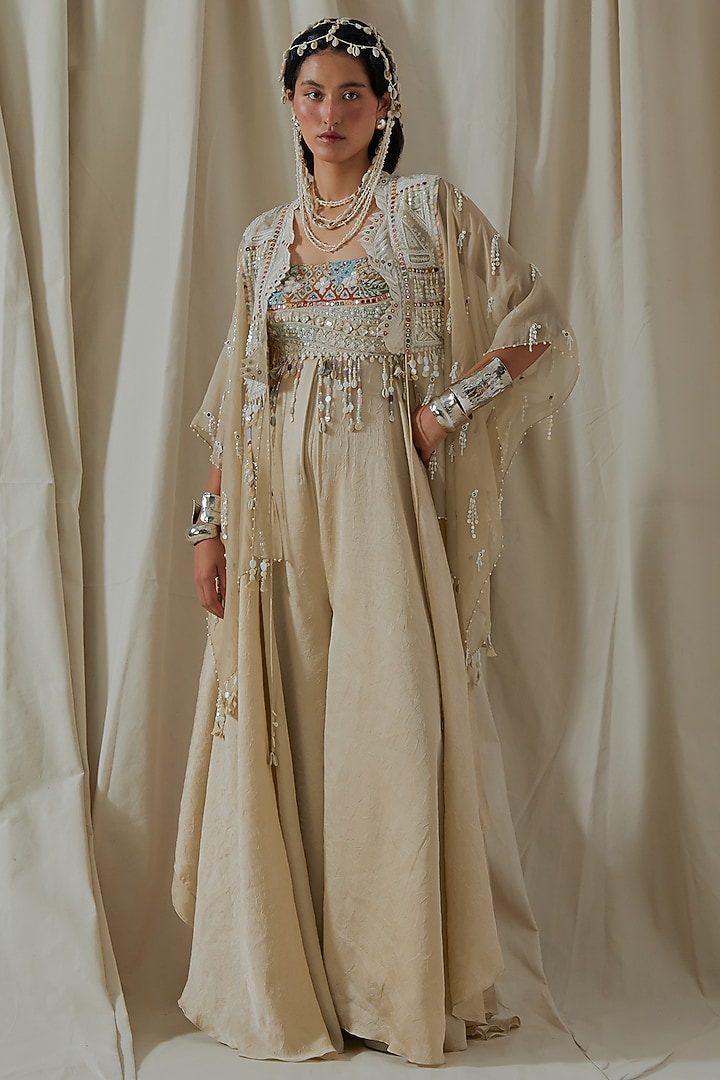 Ecru Tashan Silk Resham Thread Embroidered Jumpsuit With Jacket by ASEEM KAPOOR at Pernia's Pop Up Shop