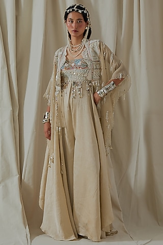 Ecru Tashan Silk Resham Thread Embroidered Jumpsuit With Jacket by ASEEM KAPOOR