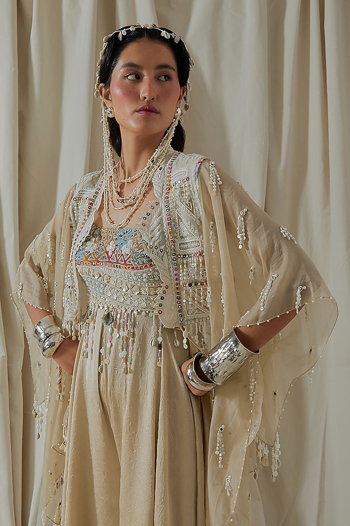 Ecru Tashan Silk Resham Thread Embroidered Jumpsuit With Jacket by ASEEM KAPOOR at Pernia's Pop Up Shop