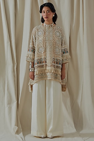 Mogra White Organza Resham Thread Embroidered Kurta Set by ASEEM KAPOOR