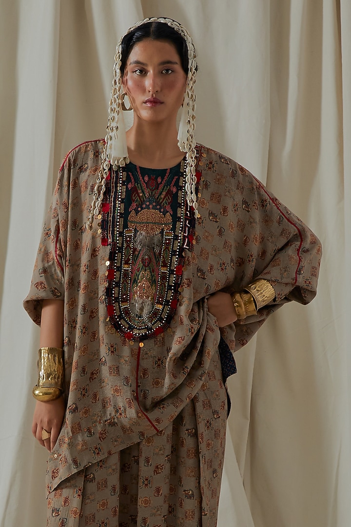 Ecru Italian Crepe Printed & Embroidered Kurta Set by ASEEM KAPOOR at Pernia's Pop Up Shop