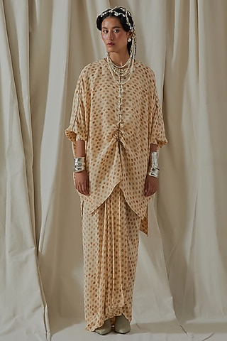 Ecru Italian Crepe Printed Pleated Skirt Set by ASEEM KAPOOR