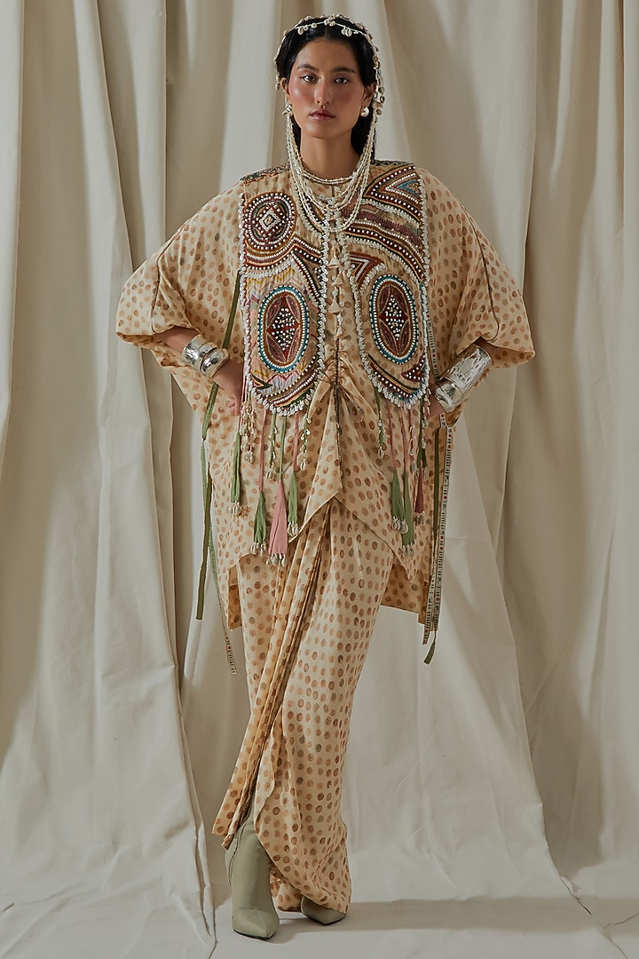 Ecru Italian Crepe Textured Pleated Skirt Set by ASEEM KAPOOR at Pernia's Pop Up Shop