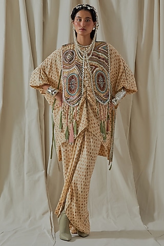 Ecru Italian Crepe Textured Pleated Skirt Set by ASEEM KAPOOR