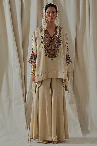 Ecru Tashan Silk Embroidered Textured Sharara Set by ASEEM KAPOOR