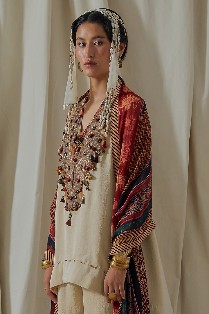 Ecru Tashan Silk Embroidered Textured Wedding Sharara Set by ASEEM KAPOOR at Pernia's Pop Up Shop