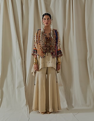 Ecru Tashan Silk Embroidered Sharara Set by ASEEM KAPOOR