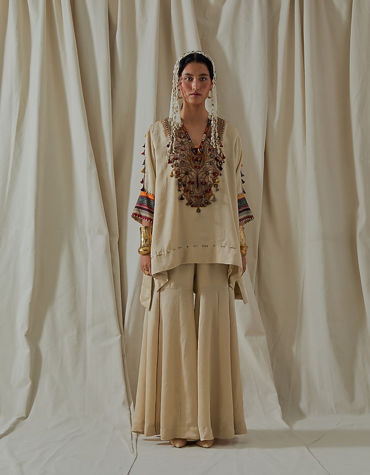 Ecru Tashan Silk Embroidered Bridal Sharara Set by ASEEM KAPOOR at Pernia's Pop Up Shop
