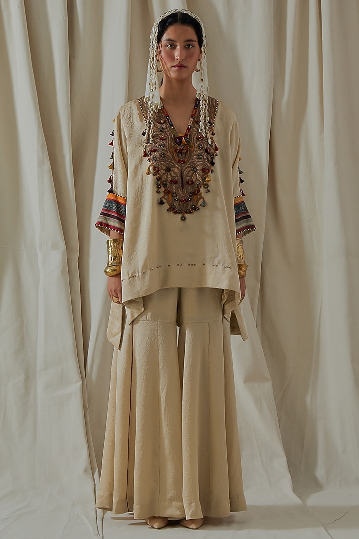 Ecru Tashan Silk Embroidered Bridal Sharara Set by ASEEM KAPOOR at Pernia's Pop Up Shop