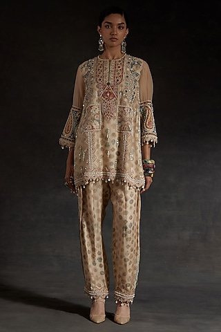 Ecru Sheer Silk & Italian Crepe Printed Kurta Set by ASEEM KAPOOR