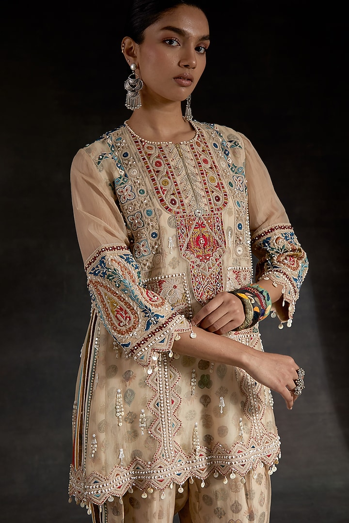 Ecru Sheer Silk & Italian Crepe Printed Kurta Set by ASEEM KAPOOR at Pernia's Pop Up Shop