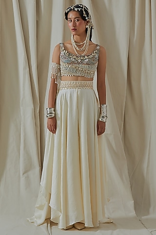 Mogra White Tashan Silk Resham Thread Embroidered Flared Skirt Set by ASEEM KAPOOR