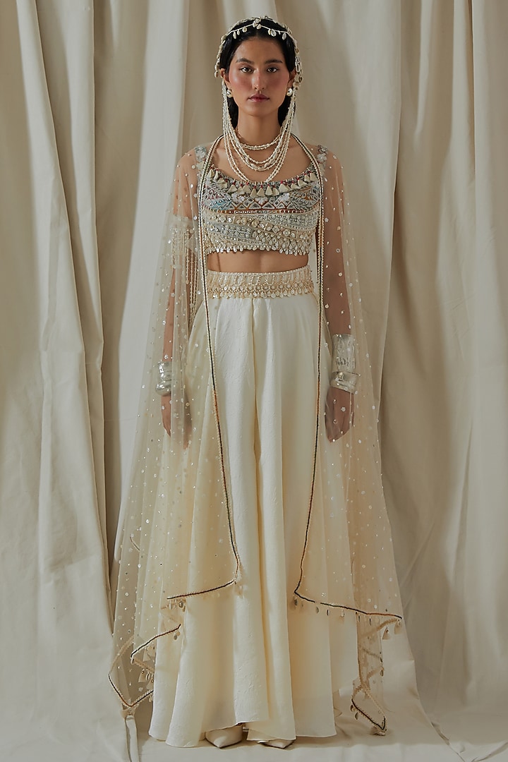 Mogra White Tashan Silk Embroidered Flared Skirt Set by ASEEM KAPOOR at Pernia's Pop Up Shop